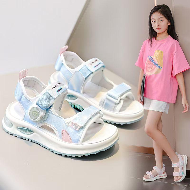 Girls Beach Shoes Open Toes Soft Sole Kids Casual Shoes Non-slip 2025 Summer New Children Sandals with Rotating Button Sweet