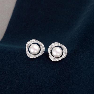 S925 Sterling Silver Diamond-Inlaid Rose Pearl Stud Earrings - Women’s Japanese Korean Niche Luxury, Comfortable for Sleeping with Pierced Ears