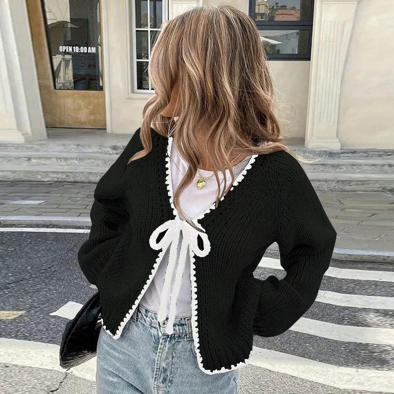 Women Loose Bow Tie Cardigan Sweater Long Sleeve V-neck Knit Top Casual Streetwear Elegant Lace Up Cozy Autumn Outerwears