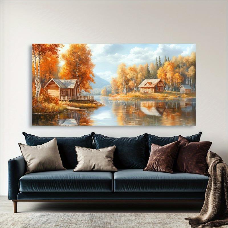 Autumn Lakeside Cabins Canvas Art Modern Abstract Painting Framelees High-Quality Print for Living Room, Bedroom, Office Decor
