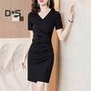 Damen Gerüschtes, figurbetontes Kleid, Kurzarm, V-Ausschnitt, einteiliges, schmal geschnittenes Kleid, Sommer, lässig, hohe Taille, Mini-Kurzkleid