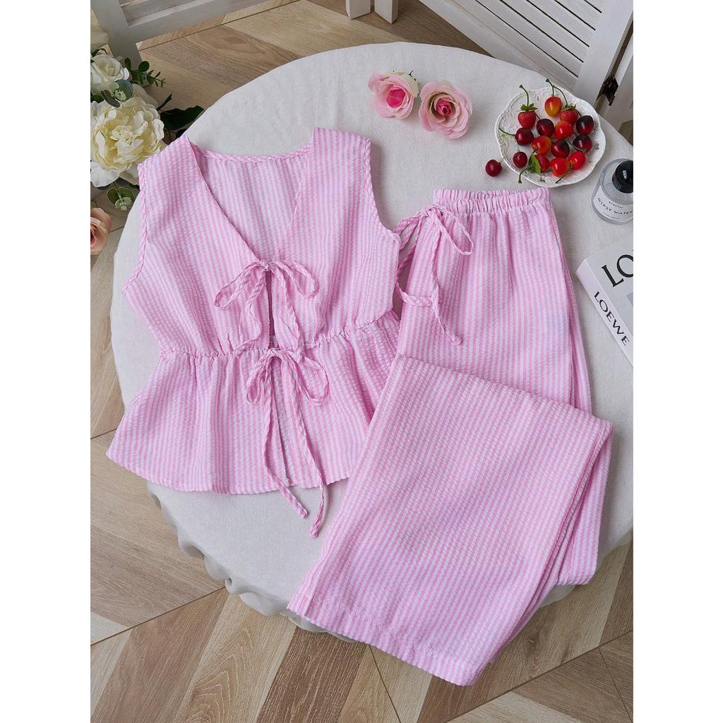 Women's Relaxed Fit Two Piece Pant Suit Sleeveless Tie Front Top Drawstring Wide Leg Pants