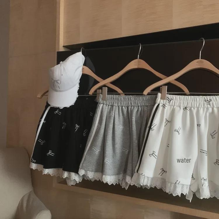 Women's Elastic Waist Lace Bowknot Print Summer Casual Wide Leg Shorts