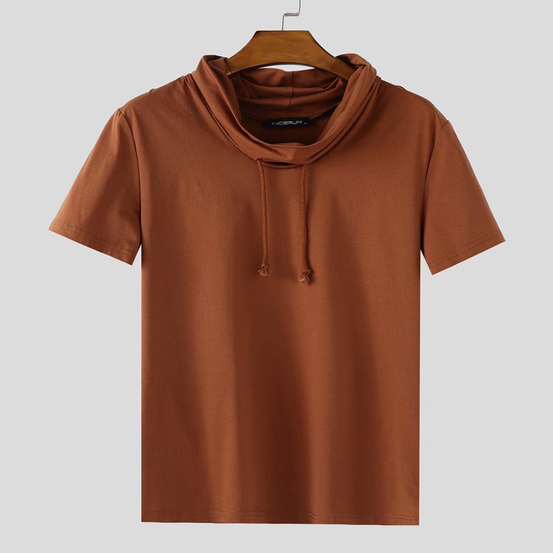 INCERUN Summer Men Drawstring Neck Short Sleeves Casual Fitted Tee Tops