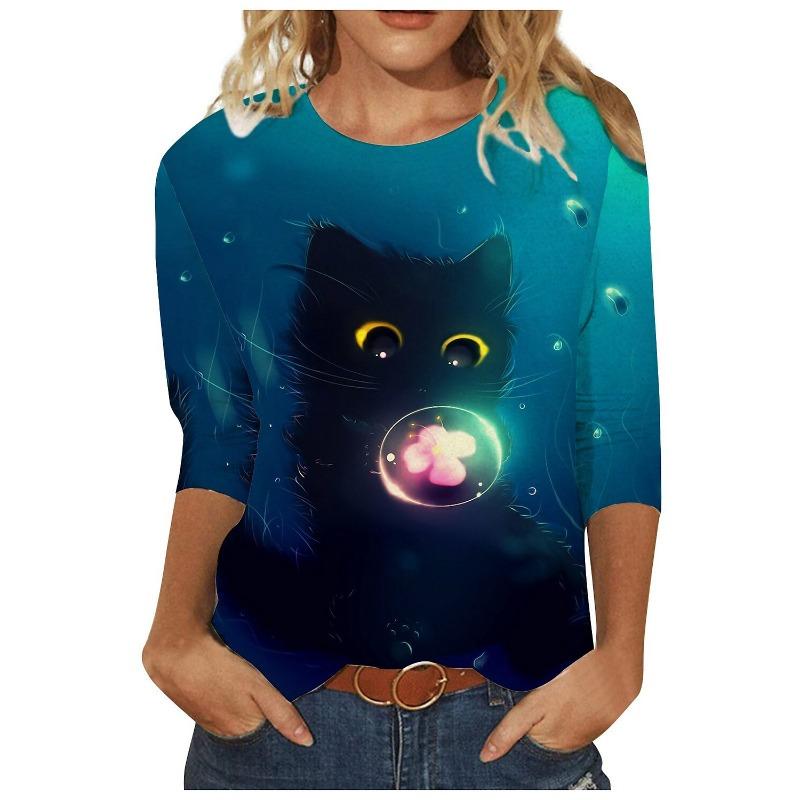 Round Neck 3D Cat Printed Top Casual Long Sleeved Women's T-shirts - Soft Medium Stretch Polyester Fabric Spring and Autumn Relaxed Fit Clothing
