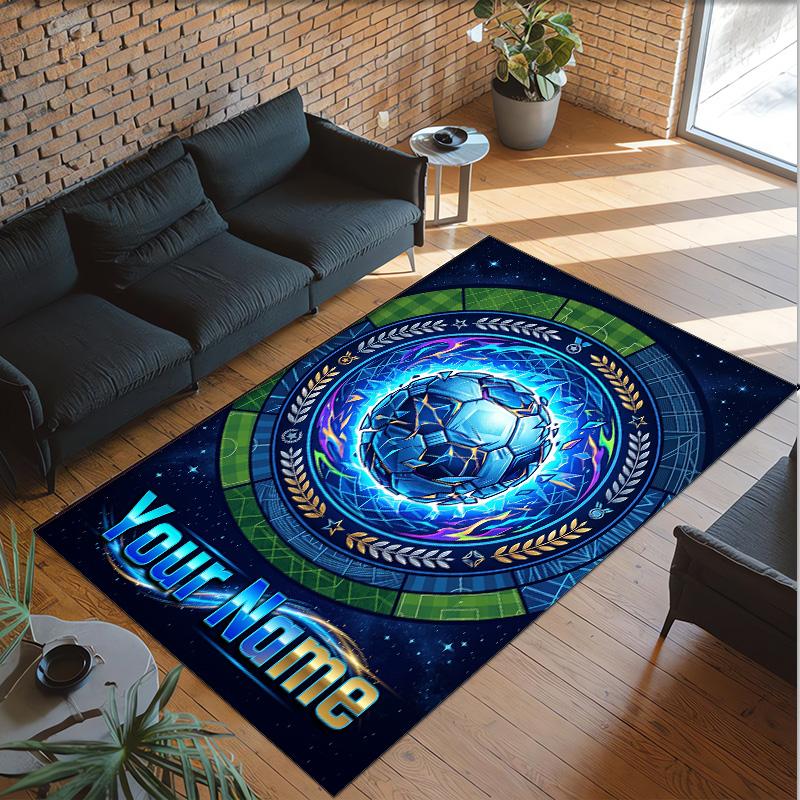 Soccer Theme Crystal Velvet Floor Rug Personalized Custom Name Text Warm Carpet Home Decoration