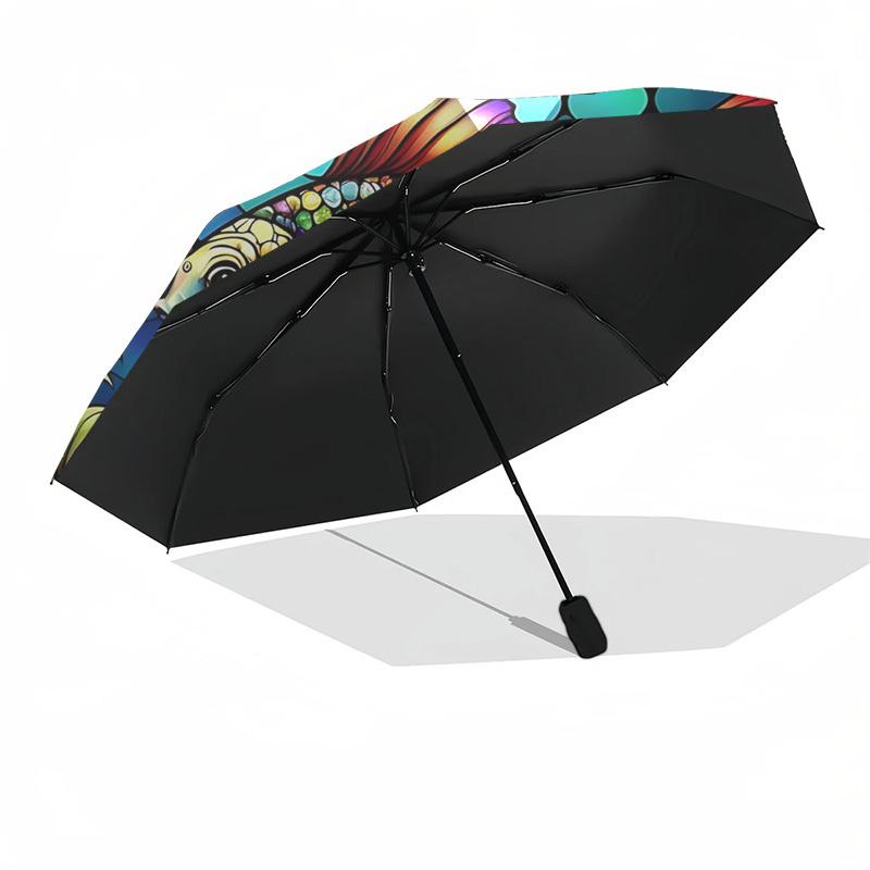1pc Stained Glass Fish Design Automatic Folding Umbrella - Portable 3-Fold Design with 8-Bone Iron Frame, Perfect for Outdoor Use, Festive Gifts, Trav