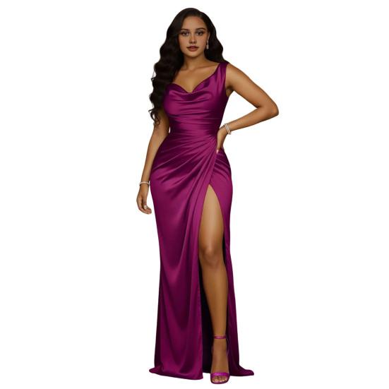 

Women s Satin Ruched High Slit Bodycon Maxi Dress Sexy Sleeveless Cocktail Party Wedding Guest Dress Formal Prom Evening Gown XXL фиолетовый