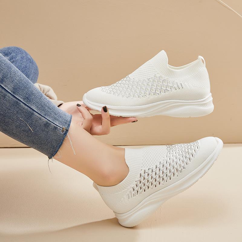

High Quality Slip-On Women Walking Shoes Mesh Lightweight Breathable Women Sports Shoes Fashion Rhinestone Wedge Sneakers Women 35