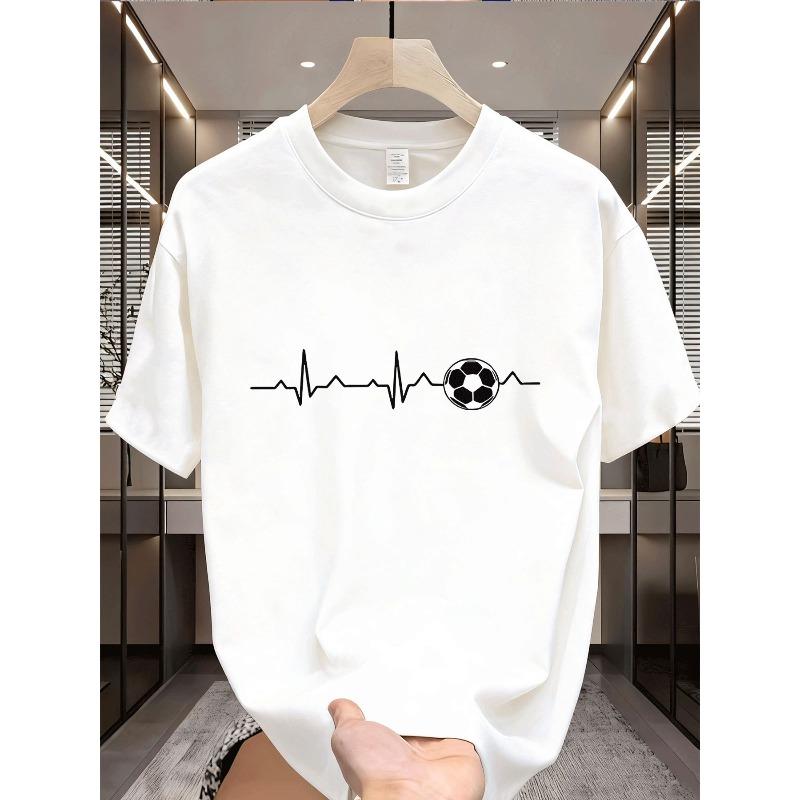 

European sizes [Football Pattern Tee] Men s Soccer Football Pulse Line Heartbeat Graphic T-Shirt | Breathable 4XL білий