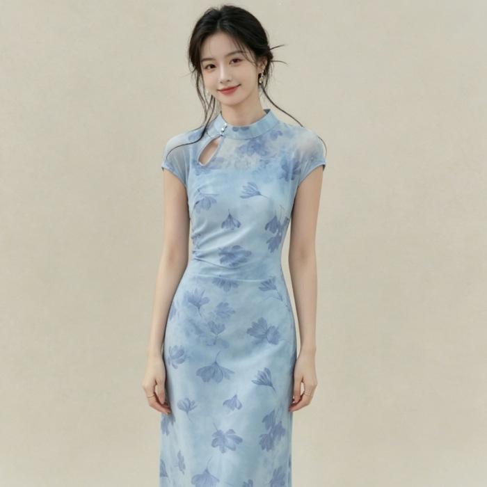 2026 New Summer Gentle Style New Chinese Style Flocked Graded Qipam Dress Women s Slim Floral Long Dress S