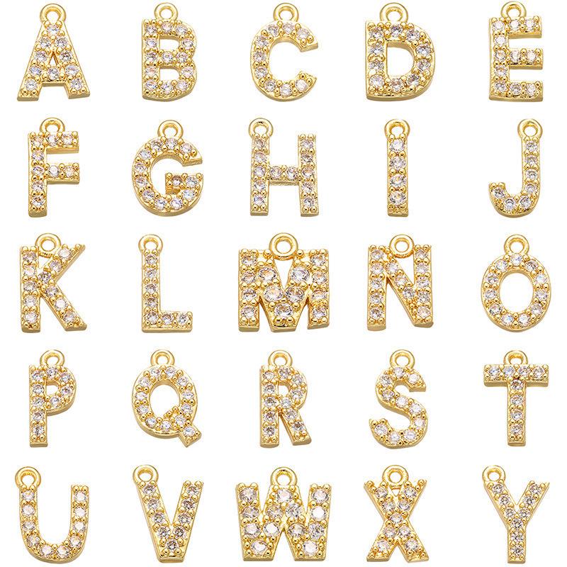 Small Copper Zirconia Inlaid Letter Charms: English Alphabet Pendants for Earrings, Bracelets, Necklaces M золотой