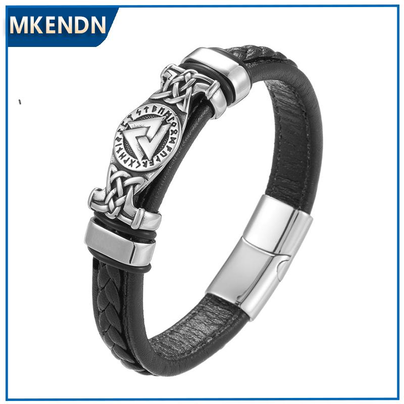 Leather Braided Viking Bracelets for Men Boys Vintage Triangle Vegvisir Amulet Scandinavian Wrap Cuff Wirstband Bracelets