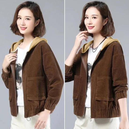 Fall Spring Women Corduroy Jacket Patch Pockets Hooded Loose Colorblock Elastic Cuffs And Hem Streetwear Office And Leisure Coat