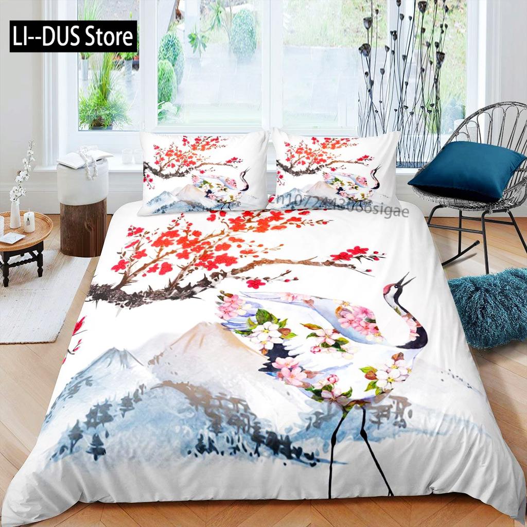 Comforter Crane Queen Size Japanese-Style Bedding Set Cherry Blossoms Pattern Women Girls Japanese Traditional
