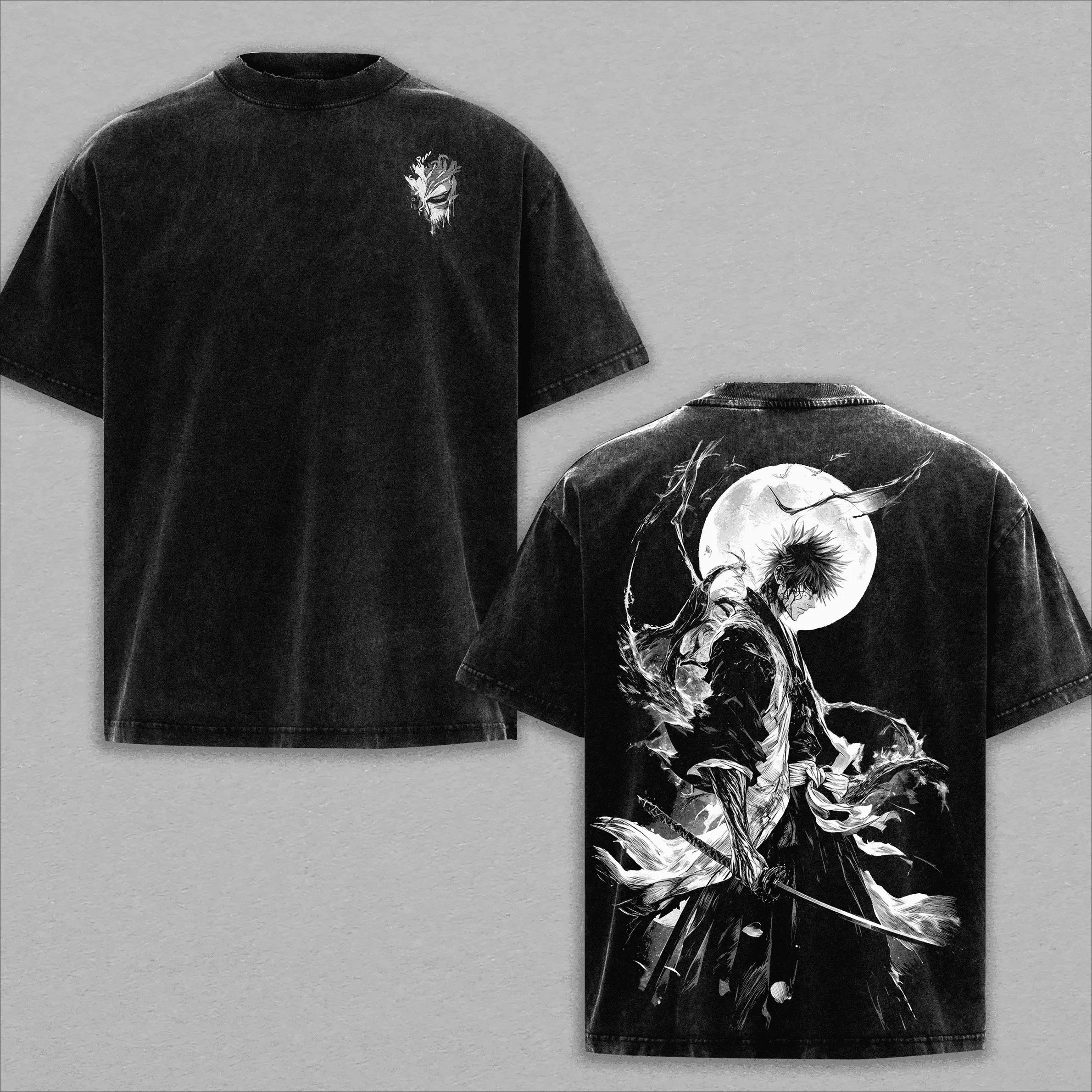 BLEACH Ichigo Kurosaki Hollow Mask Double-Sided Washed T-Shirt Vintage Samurai Anime Black Oversized Casual Streetwear T-shirt L