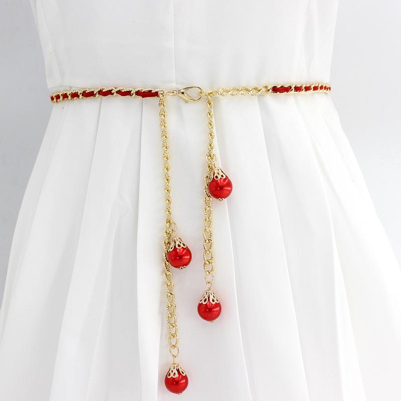 

Mary Adjustable metal hook waist chain with pearl embellishments - women s dress belt 115cm красный