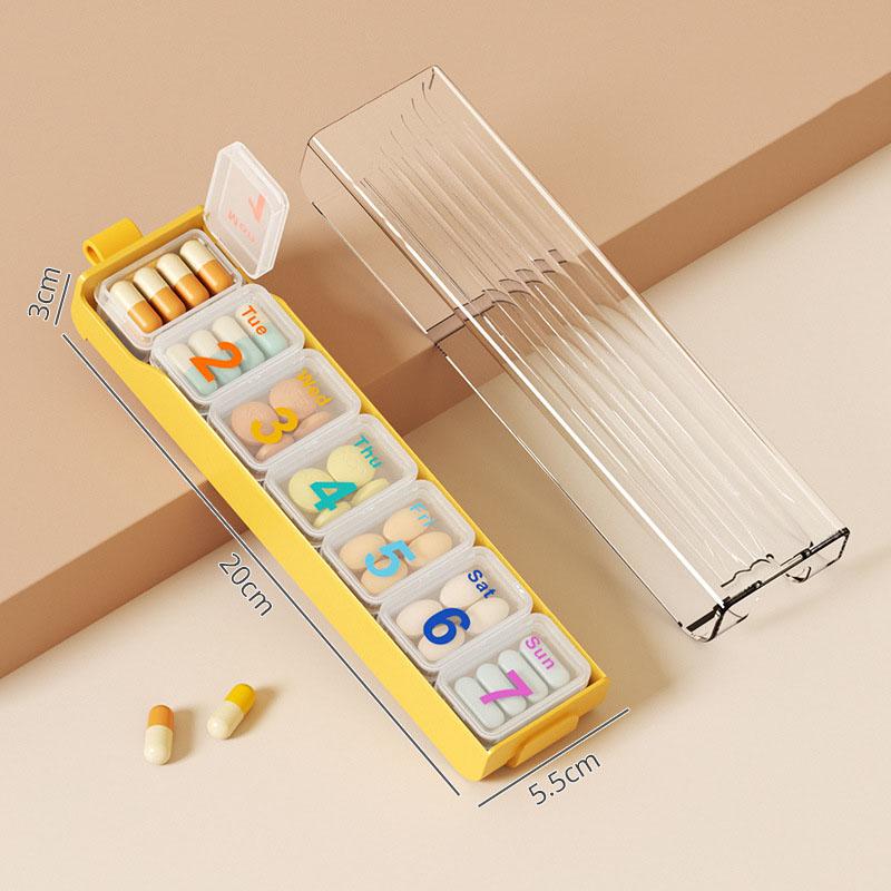 

Портативная 7-дневная таблетница, еженедельный органайзер для таблеток, легко открывающийся отсек для хранения, держатель для таблеток, дозатор таблеток для путешествий жёлтый