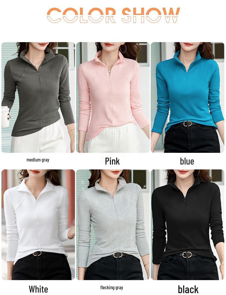 Dámské jarní bavlněné tričko s dlouhým rukávem a polozvýšeným krkem, slim