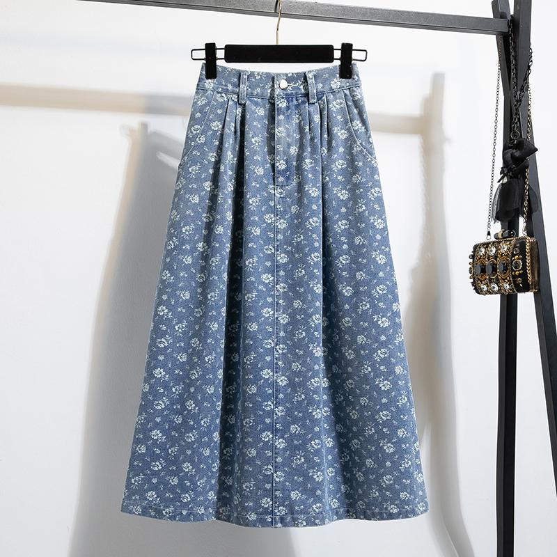 

DIMANAF 2025 Большой размер Осень Зима Женские Длинные Юбки Эластичная Талия Низ Оверсайз Принт Цветочный Синий Деним 3XL