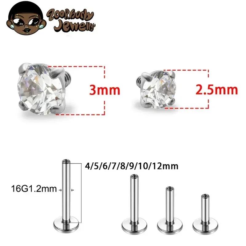 1 Stück G23 Titan Piercing CZ Stein Innen Gewinde Labret Monroe Lippenring Tragus Nagel Helix Ohrstecker 16G 18G Körperschmuck