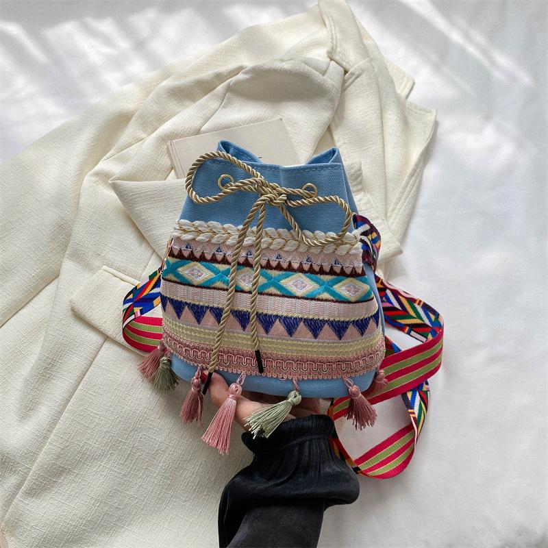 Wedding decoration Etnische Feng Shui Emmer Tas Dames Nieuwe Handgemaakte Kwast Gevlochten Tas Mode Retro Schoudertas Crossbody Tas Dames gray