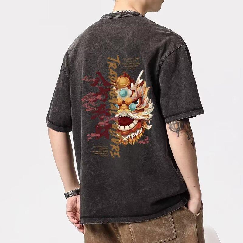 

Национальный тренд Пробуди льва Принт Футболка с коротким рукавом в китайском стиле Мужская Летняя Новая Тенденция Повседневные и Универсальные Топы Одежда 5XL серый