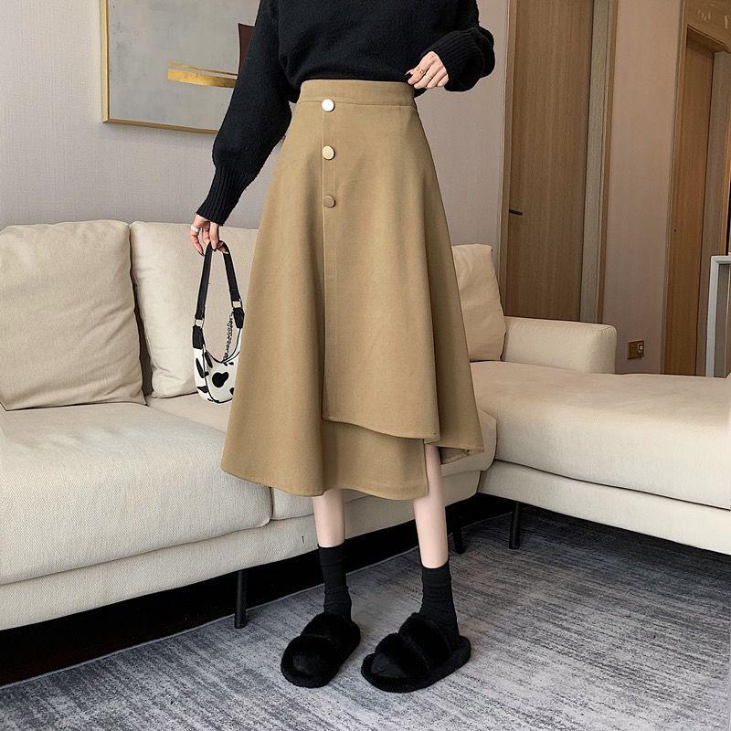 2025 Elegant Woolen A-Line Skirt: Irregular Hem, High Waist, Slimming Design for Women - Perfect for Autumn and Winter.