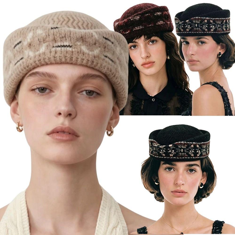 Fair Isle Pattern Stewardess Beret Hat Faux Fur Trim Teardrop Hat New Pillbox Hat For Women