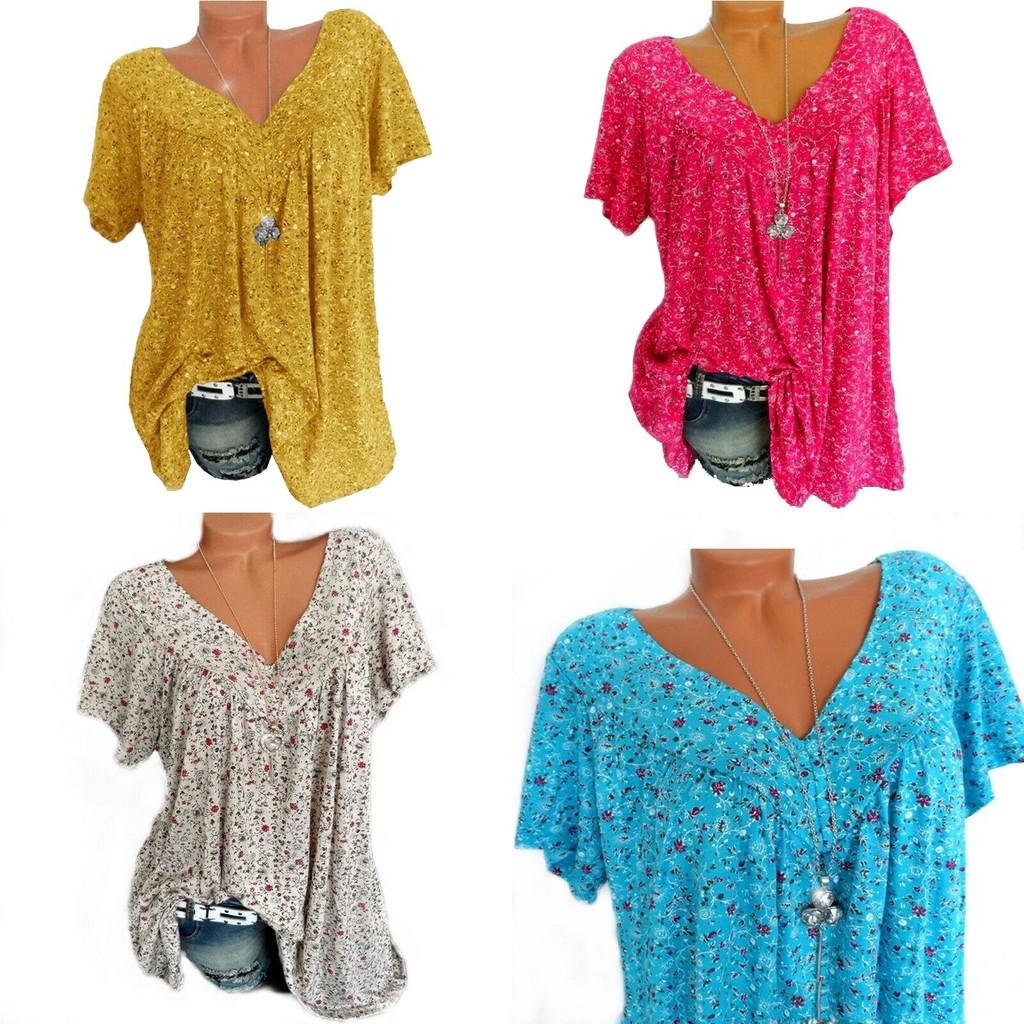 Stylish Women V Neck Floral Tee T-shirts With Plus Size Options For Summer Comfort