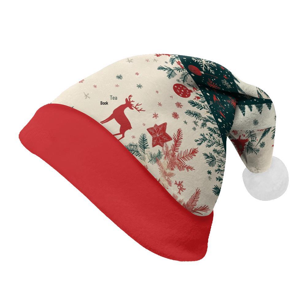 2024 Pluszowa Czapka Świąteczna z Nadrukiem Łosia dla Dorosłych i Dzieci - Podszyta Polarem, Dwustronna, z Dużym Rondem