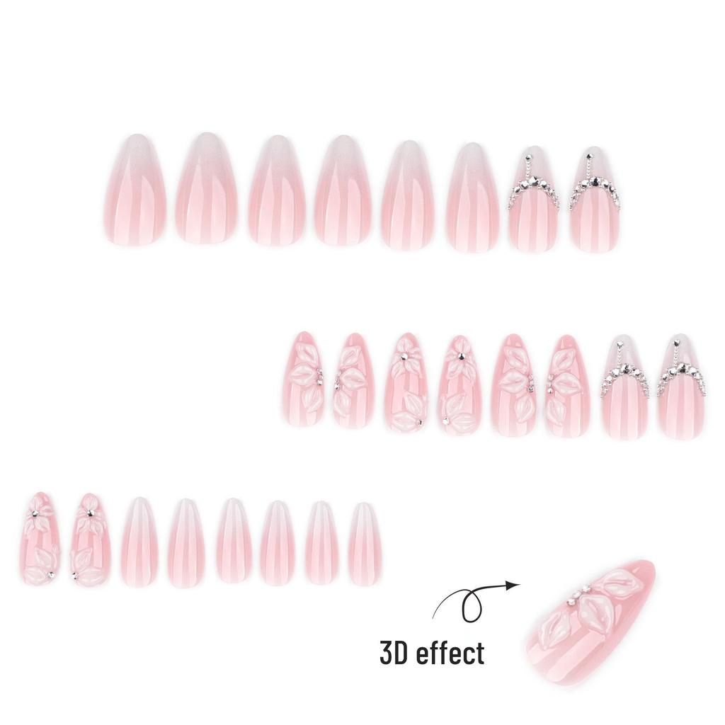3D Rhinestone Floral Almond Nails - French White Gradient Fake Nails