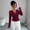 Women's V-Neck Pearl Embellished Ruched Long Sleeve Top