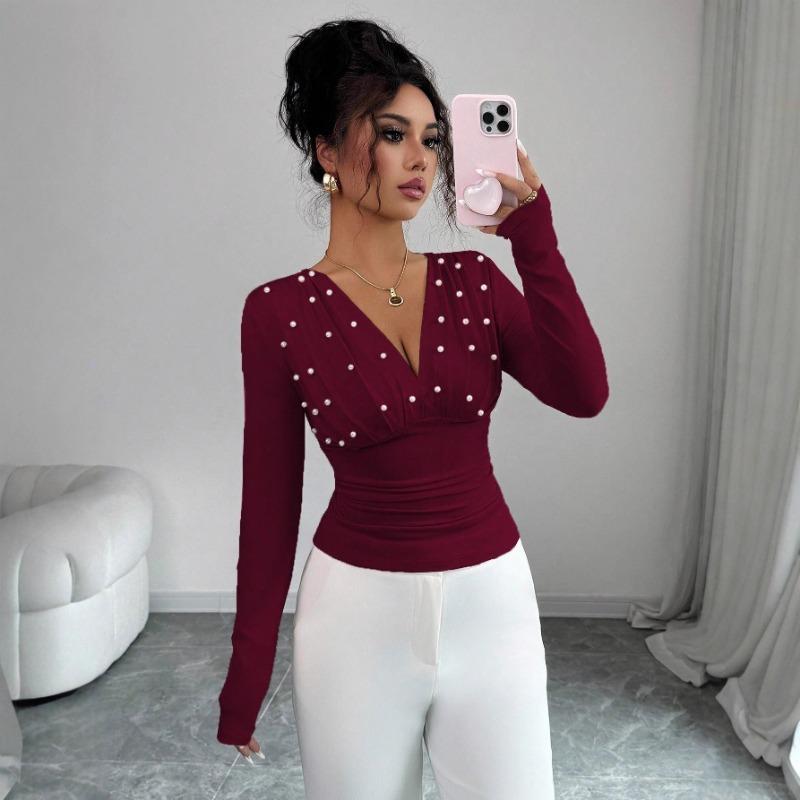 Women's V-Neck Pearl Embellished Ruched Long Sleeve Top