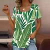 Women Plus Size U Neck Short Sleeve Tropical Floral Leaf Printed T Shirt Curved Hem Casual Tops