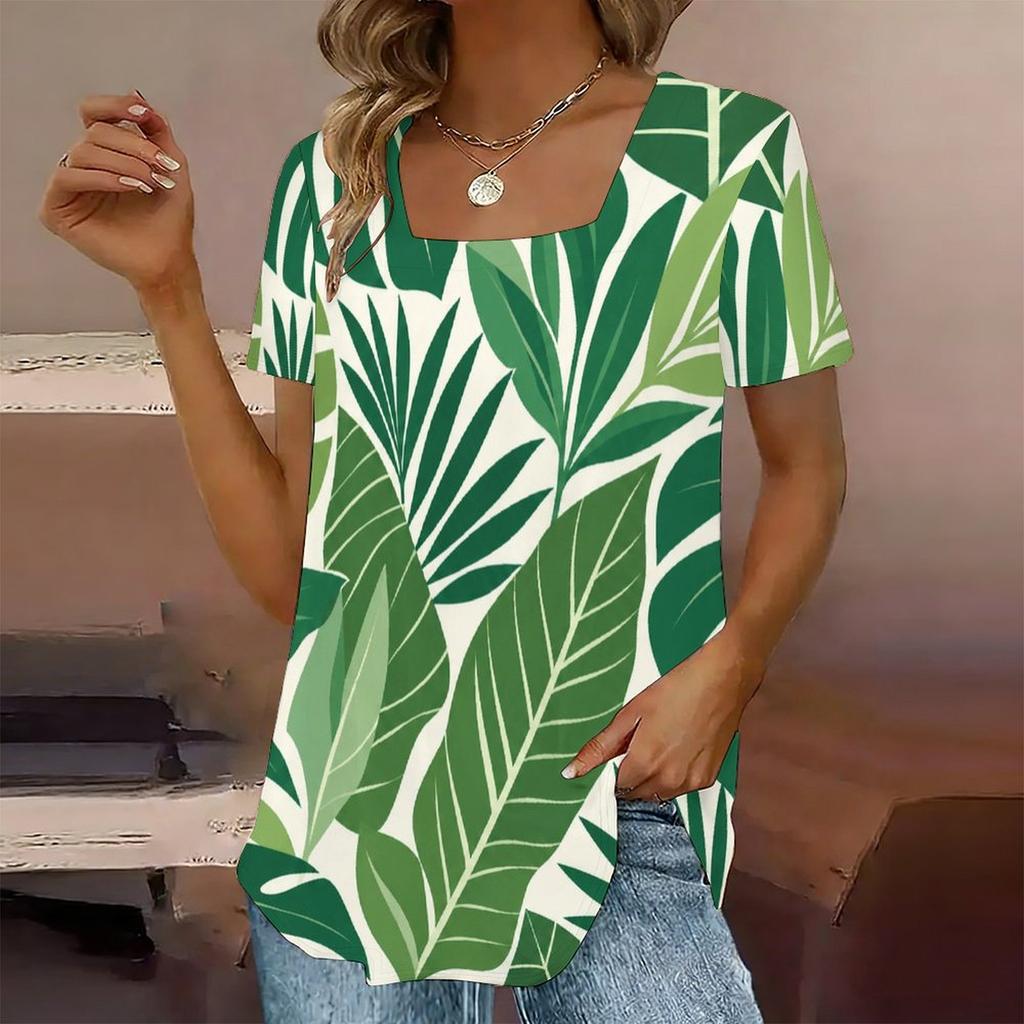 Women Plus Size U Neck Short Sleeve Tropical Floral Leaf Printed T Shirt Curved Hem Casual Tops