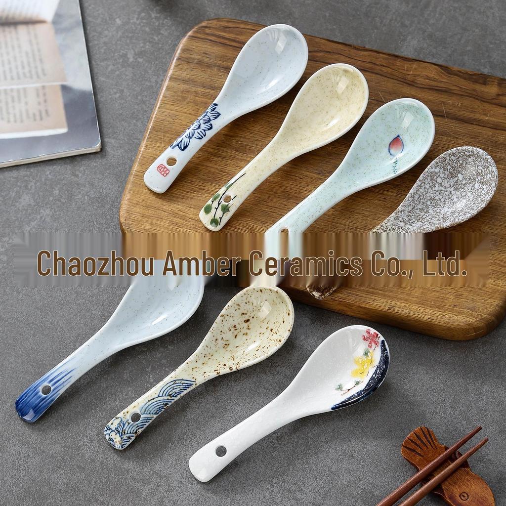 Hand-painted Japanese Ceramic Spoon – Creative Tableware for Home and Hotel, Long Handle, Underglaze Color, Ideal for Rice and Soup