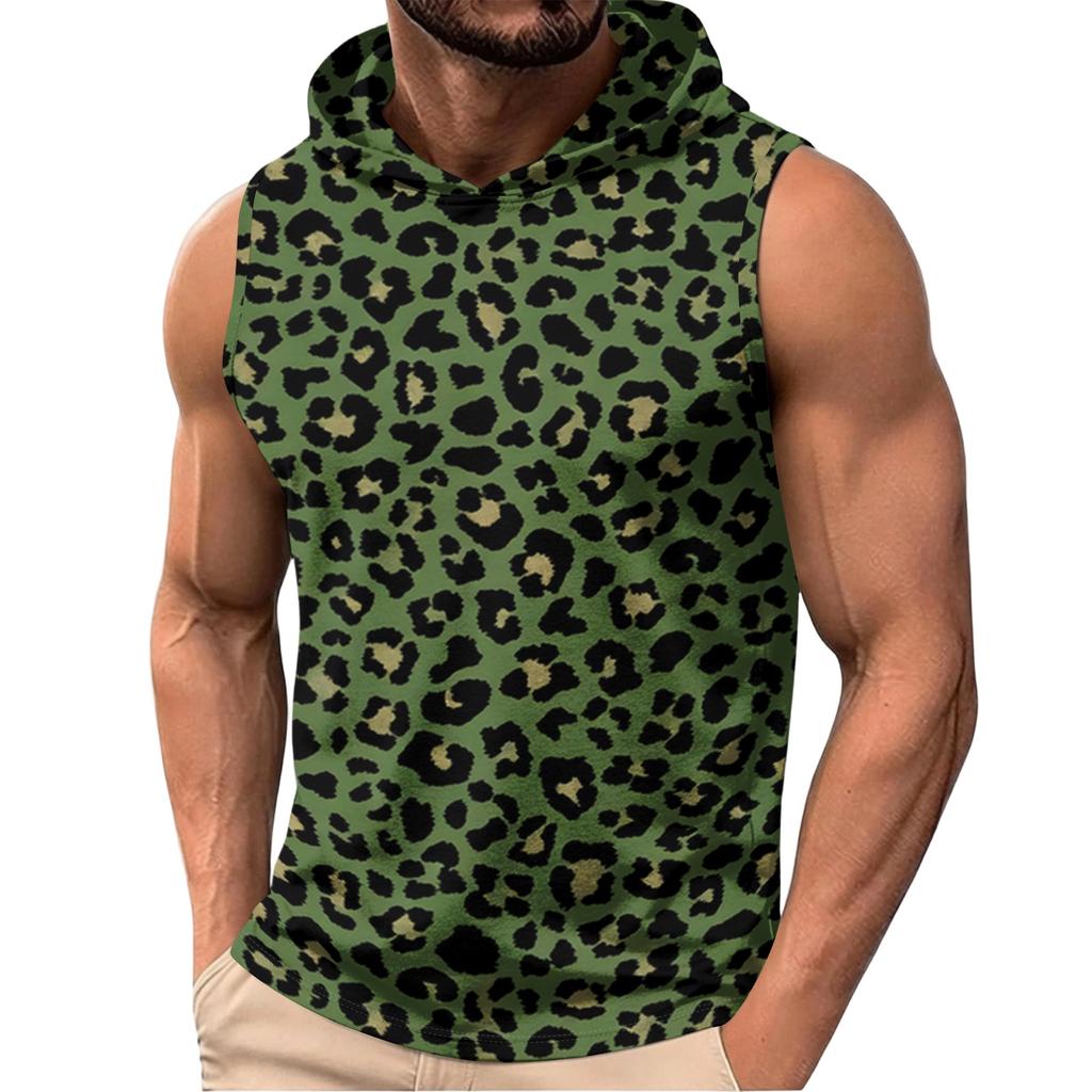 Gilet da uomo senza maniche con cappuccio leggero casual con stampa leopardata top estivo da spiaggia maglietta da palestra