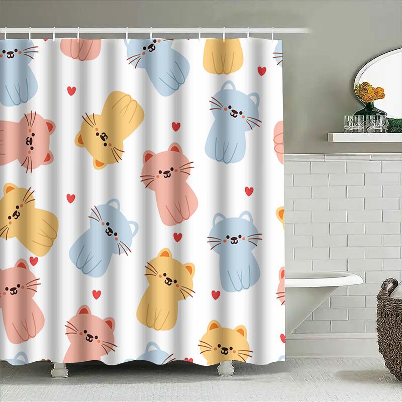 Adorable Cats Print Shower Curtain Set Blue, Pink Yellow Colors With Love Hearts Pattern For Bathroom Decor