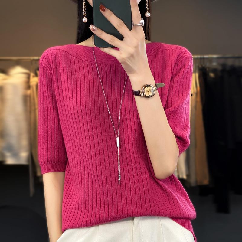 Five Quarter Sleeve Knitted Sweater for Women Solid Color Loose Sweater Casual Base Shirt French Style Mid Sleeve Sweater for Autumn