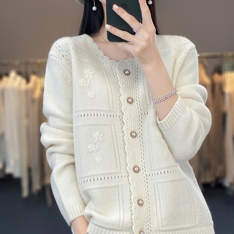 2023 Women's Pure Wool Round Neck Hollow Out Jacquard Knit Cardigan - 100% Cashmere, Loose Fit