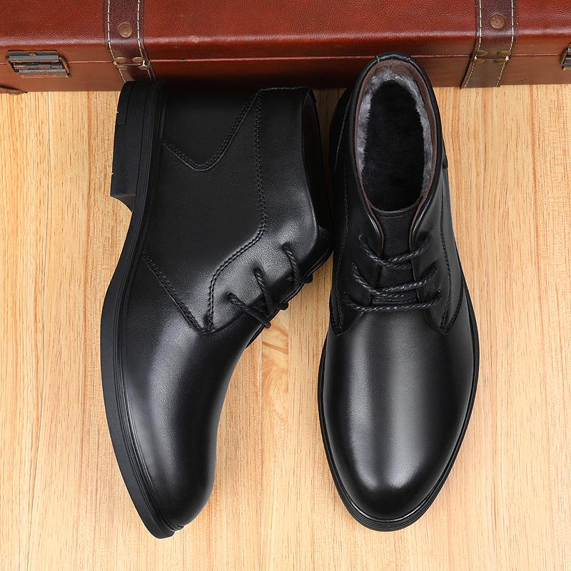 Fashion Pointed Toe Warm Plush Fur Men Boots Lace-Up Male Winter Ankle Boots Genuine Leather Business Botas High Quality Leisure Shoes