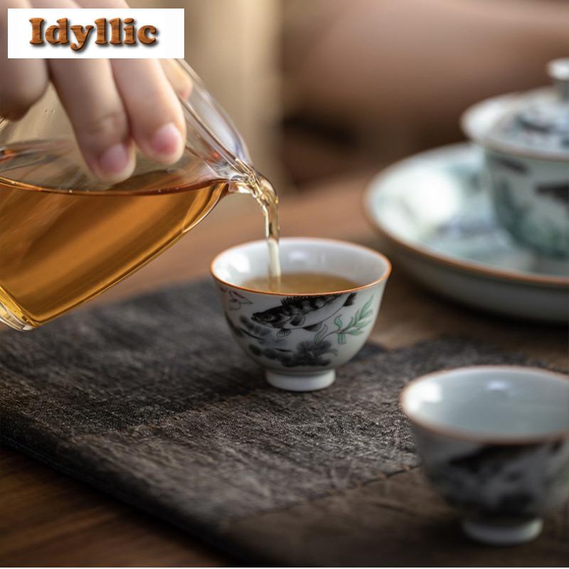 2 Stück/Los Antike Blaue Unterglasurfarbene Mandarinfisch Teetasse Retro Teeschale Tasse Teeverkostung Duftbecher Chazhan Meistertasse 40ml