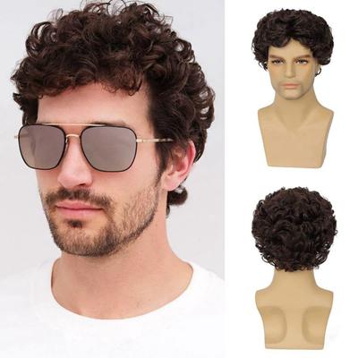 Pelucas Cortas Rizadas para Hombre Peluca Sintética Hombre Resistente al Calor Diaria Natural Esponjosa Transpirable Peluca Masculina Cosplay Halloween