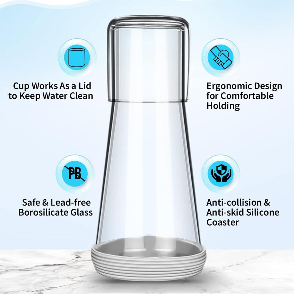 Bedside Night Water Carafe Set with Tumbler Glass, Clear Nightstand Carafe with Silicone Coaster for Bedroom and Guest Room