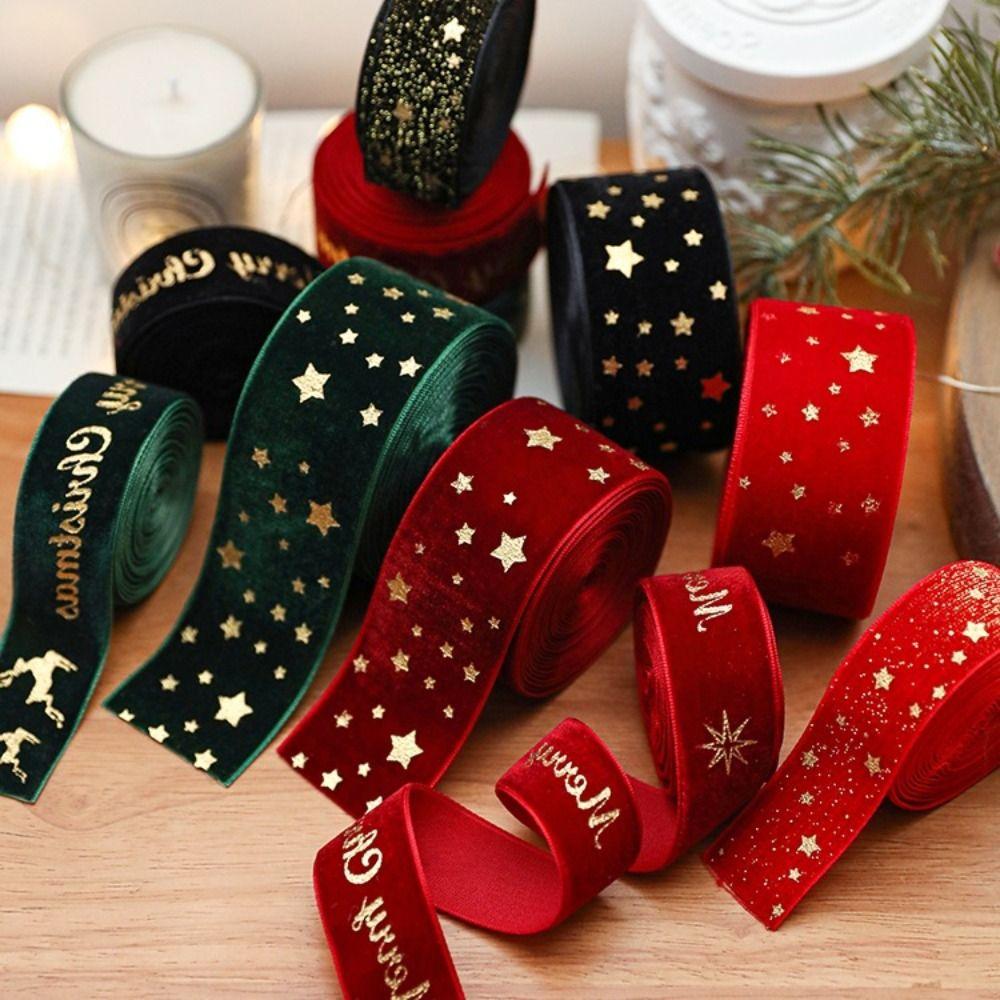 

2.5CM Width Wired Velvet Ribbon High-Quality 2M Length Gold Foil Print Ribbon Decorative Elk/Star Christmas Packaging Ribbon Dark Red Letter