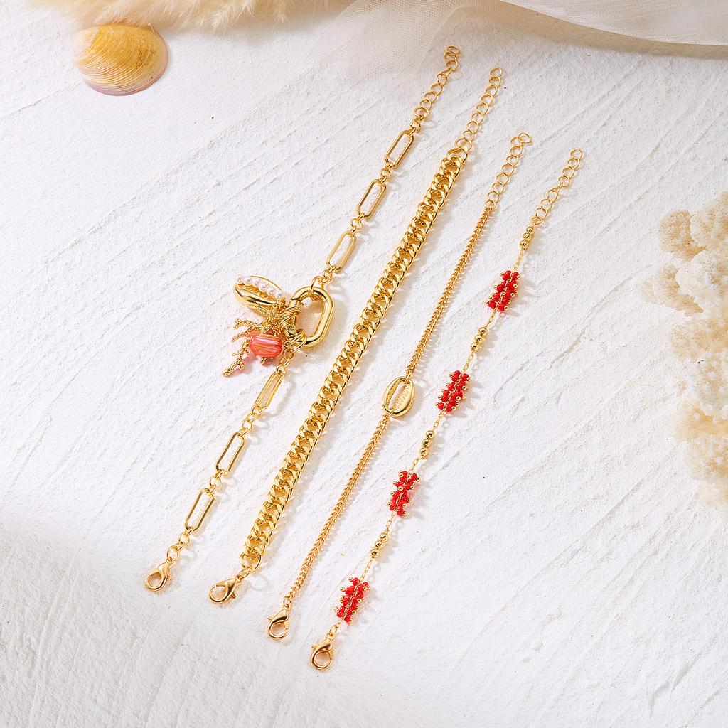 Boho Multilayer Stacked Bracelets Set For Women Ocean Red Coral Starfish Shell Beaded Metal Chain Bangles Summer Beach Jewelry