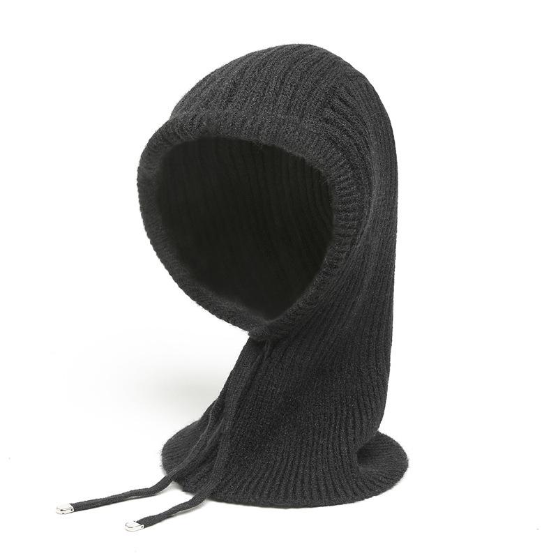 Winter Scarf And Hat Integrated For Outdoor Cycling, Warm Knit Scarf, Woolen Hat, Ear Protection, Solid Color Scarf, Drawstring