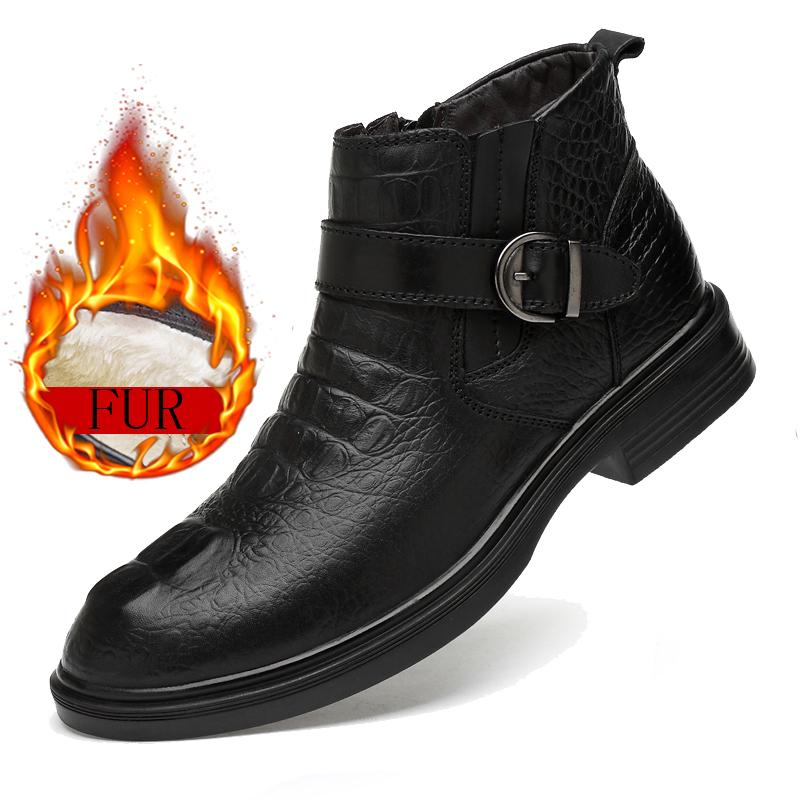 Fashion High Quality Winter Boots Fur Chelsea Ankle Boots Men's Leather Boots Thick Sole Genuine Leather Formal Snow Boots Casual Boots