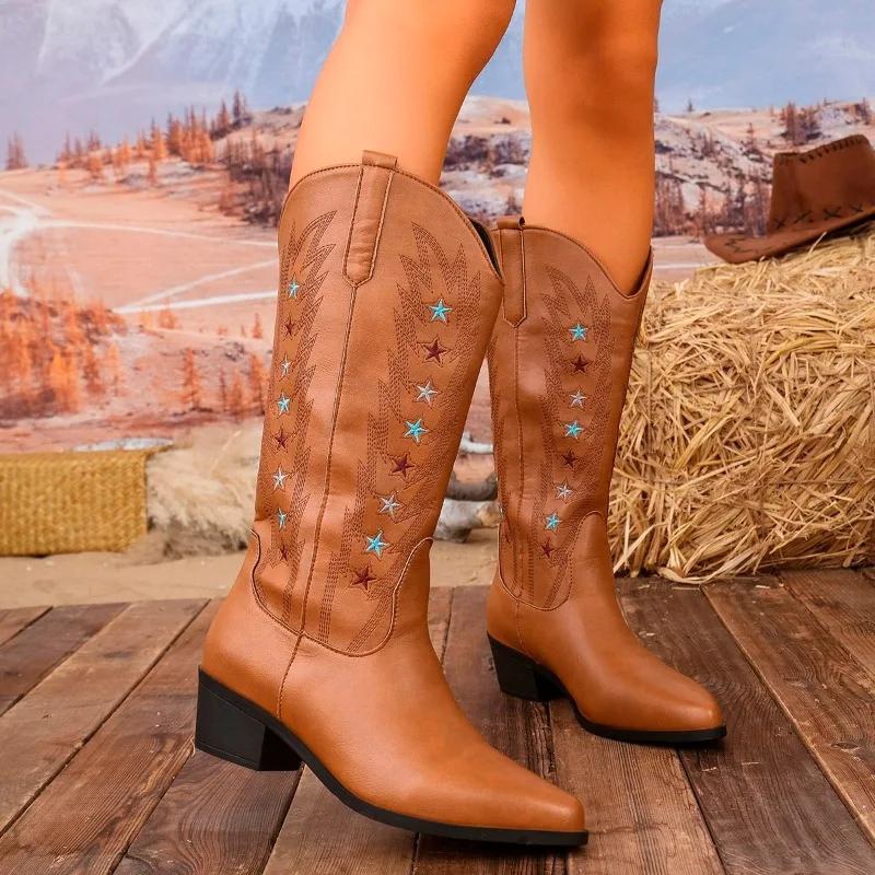 Fashion Winter New Coarse Heel Cotton Boots Women's Pointed Embroidery Sleeve Anti-slip Wear-resistant High Boots